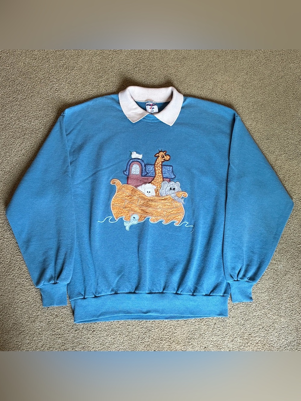 Jerzees Blue Crewneck Sweatshirt with Noah's Ark Embroidery Womens XL Grannycore